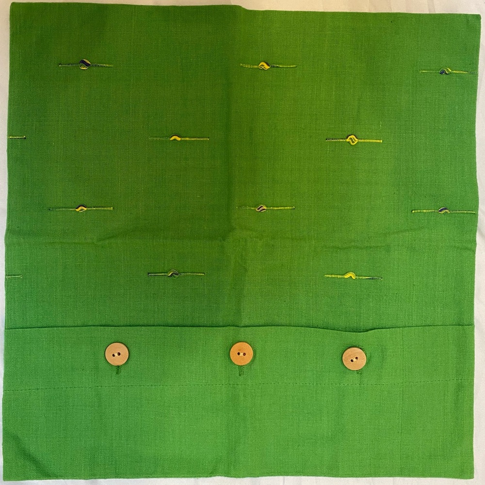 Set Of 2 Pillow Covers 16”x16” Bright Green Button Closure Yellow Purple Details